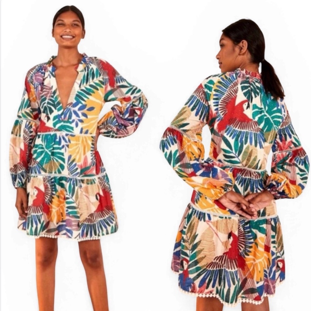 FARM Rio Multicolor Long Sleeve Dress Macaw Mini DressXS EUC Resortwear Vacation